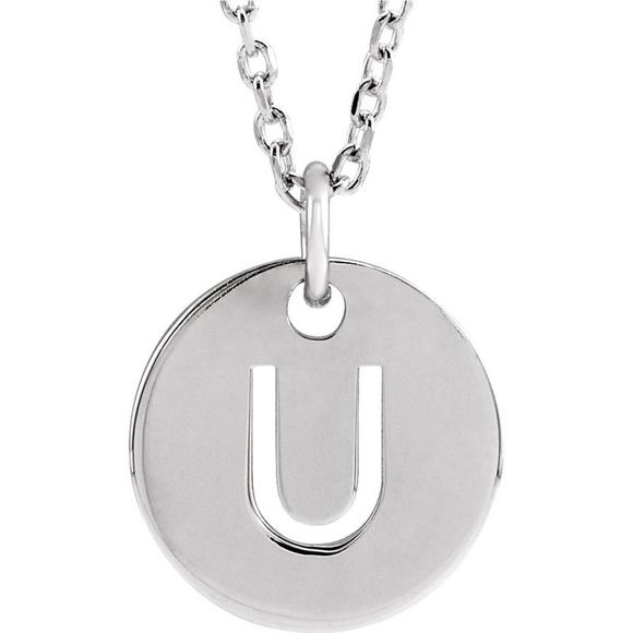 14k White Gold Initial U, Small 10mm Pierced Disc Necklace, 16-18 Inch